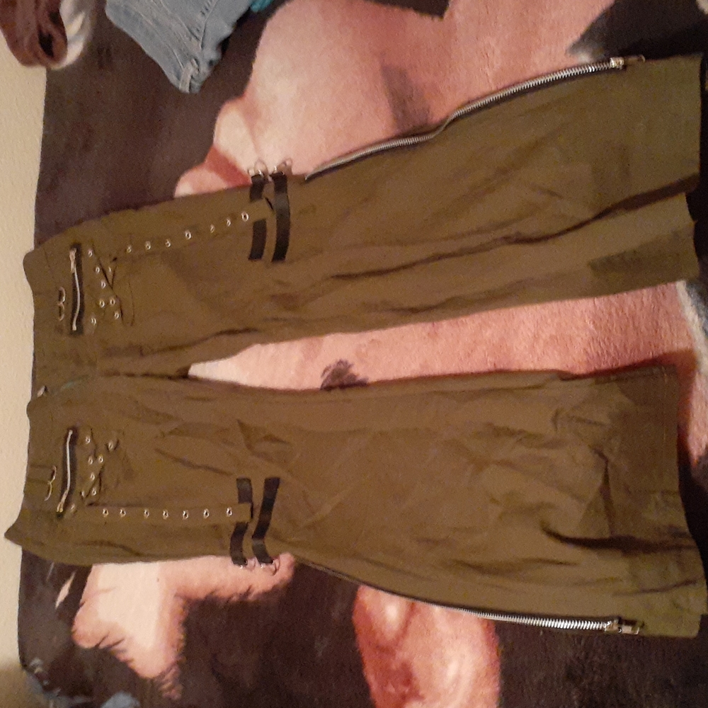 Alternative style buckle flair pants with zipper